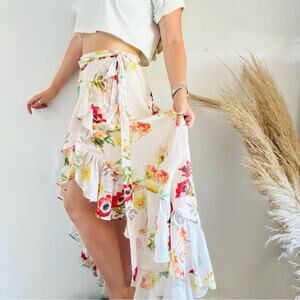 YUMI KIM ANTHROPOLOGIE Cream Pink Floral Ruffle Midi Maxi High Low Wrap Skirt M